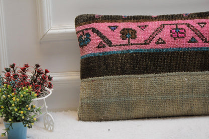 Handmade Kilim Lumbar Pillow Cover: Pink Woven Wool, 12x24 inch