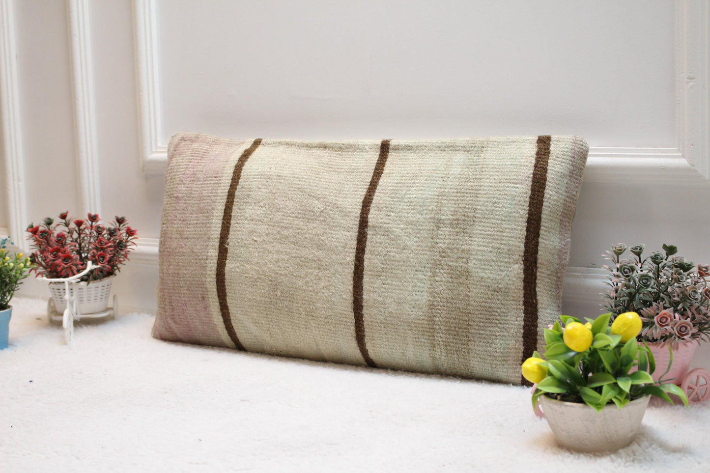 Handmade Kilim Pillow Cover: Upcycled Woven Rug, Boho Decor (12x24 inc)