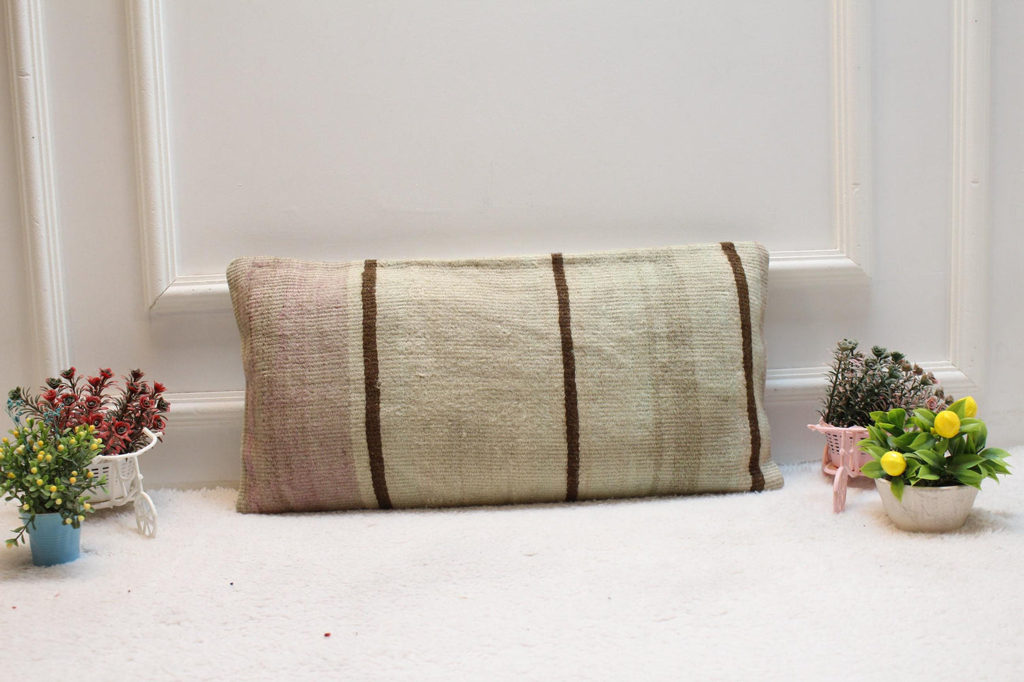 Handmade Kilim Pillow Cover: Upcycled Woven Rug, Boho Decor (12x24 inc)