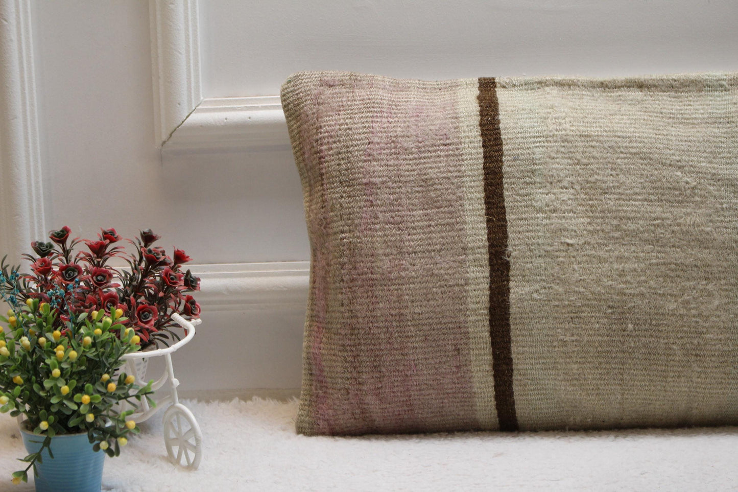 Handmade Kilim Pillow Cover: Upcycled Woven Rug, Boho Decor (12x24 inc)
