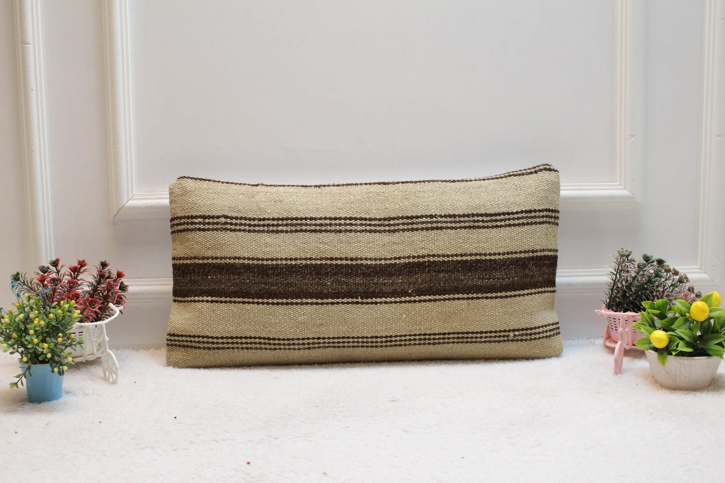 Striped Kilim Pillow Cover: Handmade Vintage Woven Rug, 12x24 inch