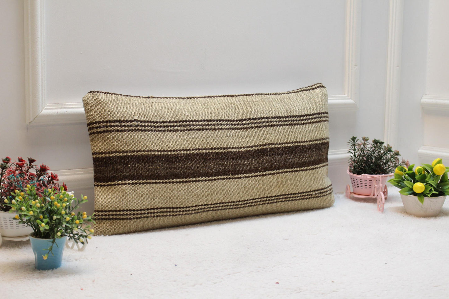 Striped Kilim Pillow Cover: Handmade Vintage Woven Rug, 12x24 inch