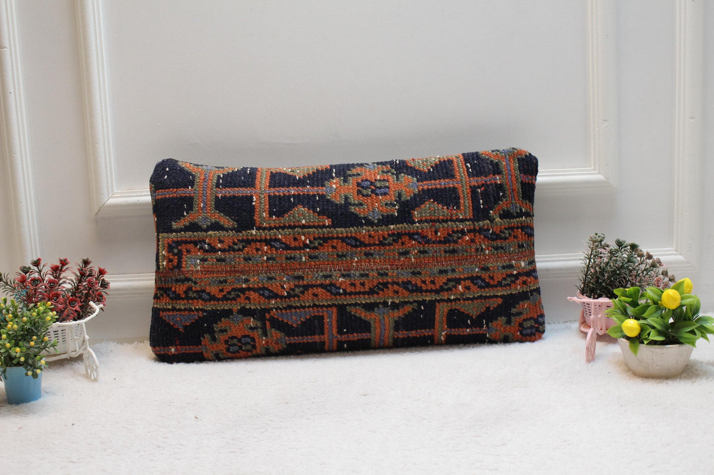 Handmade Kilim Pillow Cover: Orange & Blue Boho Decor (12x24 in)