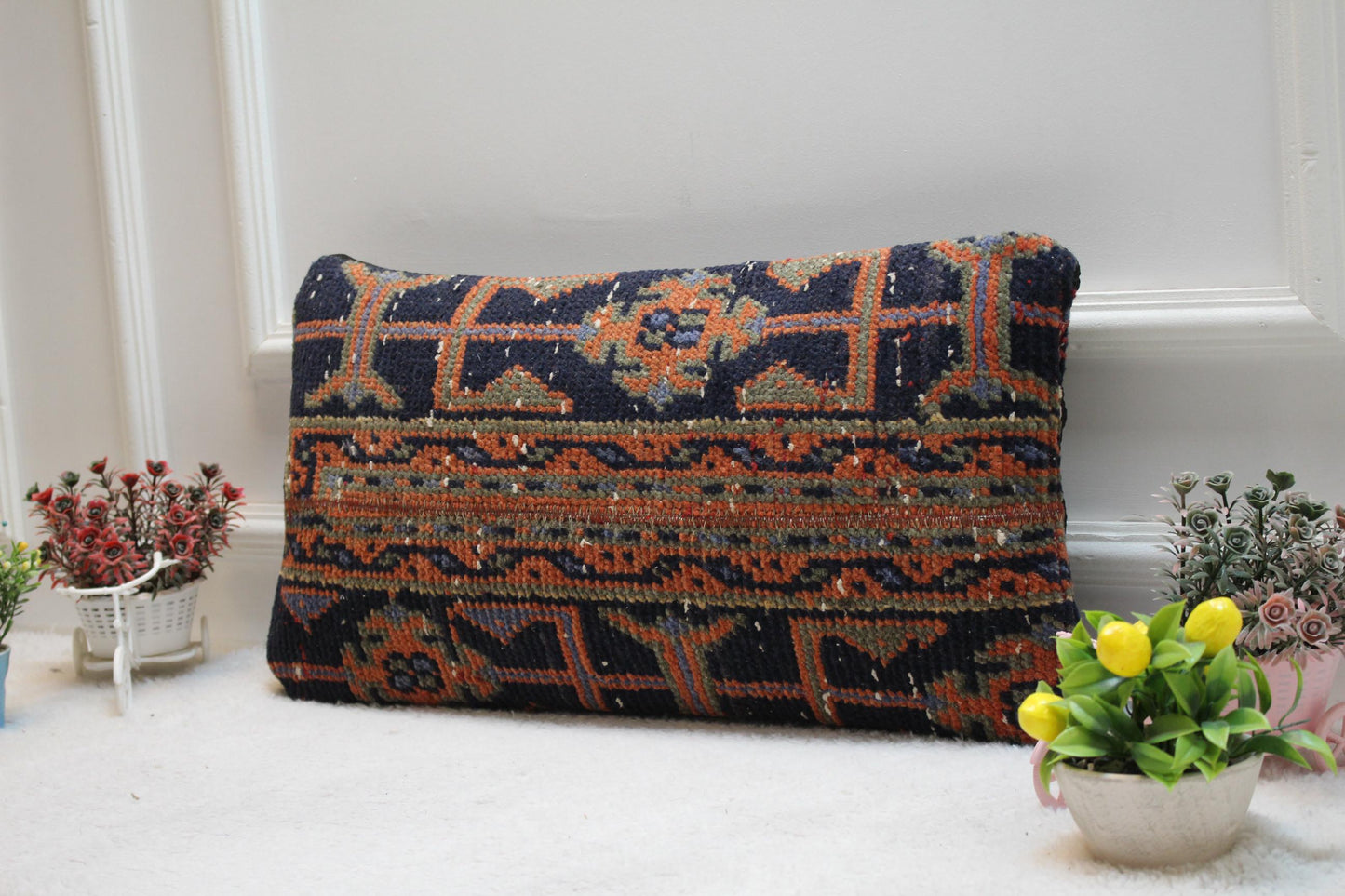 Handmade Kilim Pillow Cover: Orange & Blue Boho Decor (12x24 in)