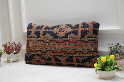 Handmade Kilim Pillow Cover: Orange & Blue Boho Decor (12x24 in)