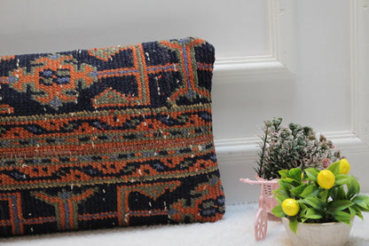 Handmade Kilim Pillow Cover: Orange & Blue Boho Decor (12x24 in)