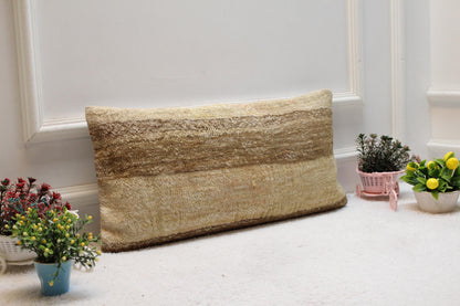 Handmade Beige Kilim Pillow Cover: Vintage Turkish Woven Cushion (12x24 inch)