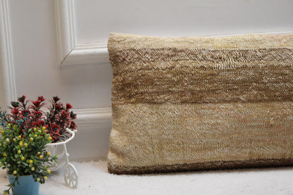 Handmade Beige Kilim Pillow Cover: Vintage Turkish Woven Cushion (12x24 inch)