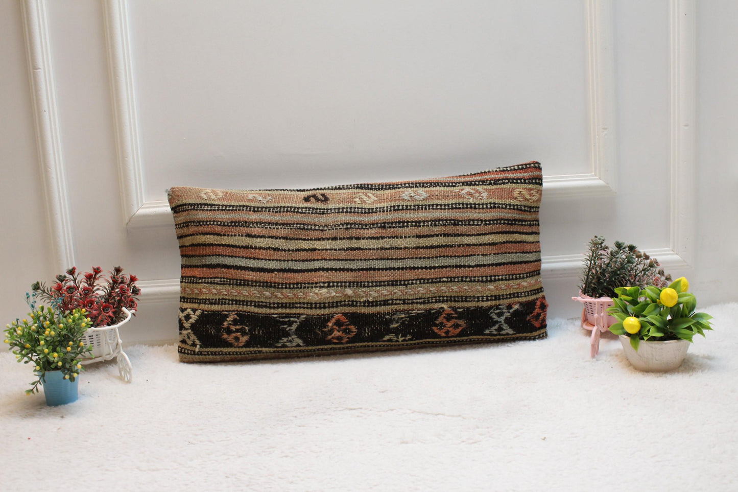 Striped Kilim Pillow Cover 12x24": Handmade Boho Throw Pillow