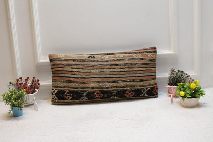 Striped Kilim Pillow Cover 12x24": Handmade Boho Throw Pillow