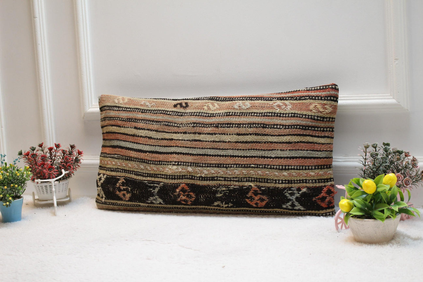 Striped Kilim Pillow Cover 12x24": Handmade Boho Throw Pillow