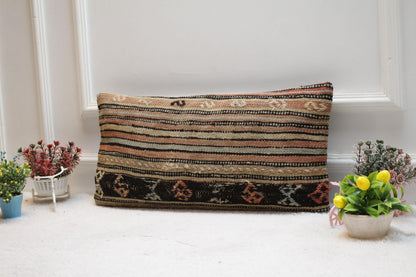Striped Kilim Pillow Cover 12x24": Handmade Boho Throw Pillow