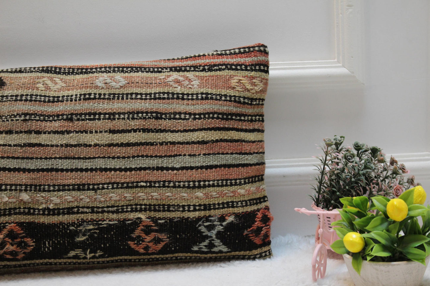 Striped Kilim Pillow Cover 12x24": Handmade Boho Throw Pillow