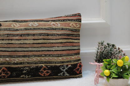 Striped Kilim Pillow Cover 12x24": Handmade Boho Throw Pillow