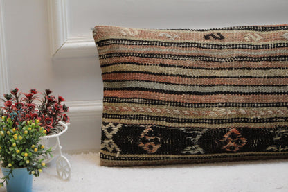 Striped Kilim Pillow Cover 12x24": Handmade Boho Throw Pillow