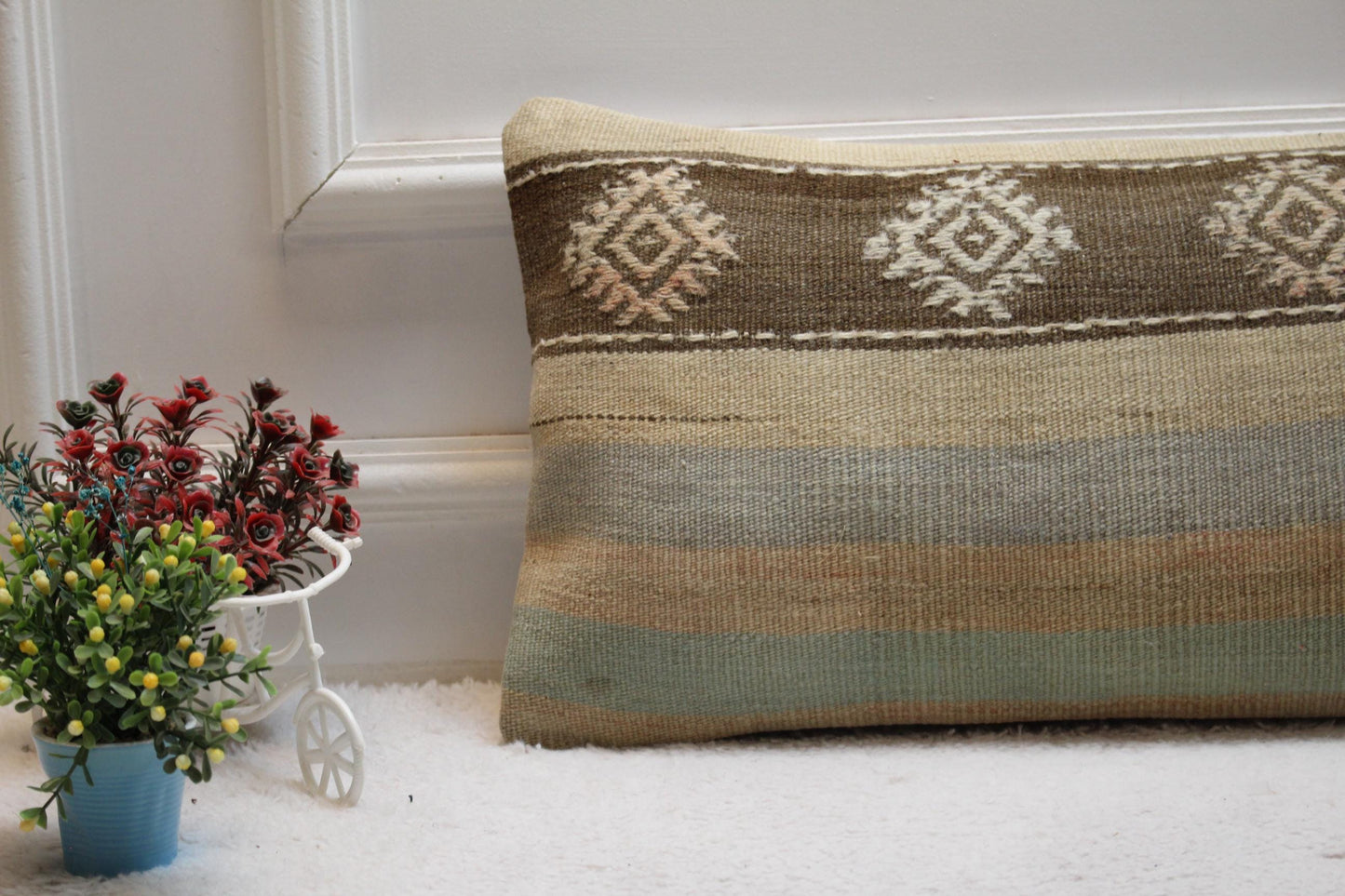 Handmade Kilim Pillow Cover 12x24: Upcycled Woven Rug Design