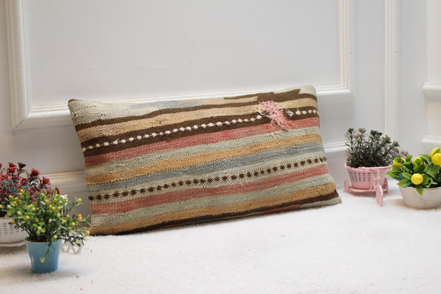Handmade Kilim Lumbar Pillow Cover: Striped Boho Cushion (12x24 Inch)