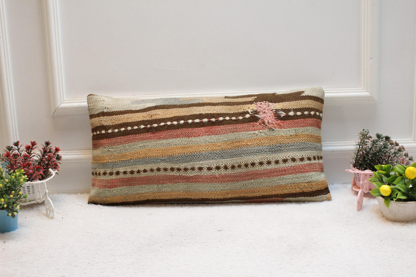 Handmade Kilim Lumbar Pillow Cover: Striped Boho Cushion (12x24 Inch)