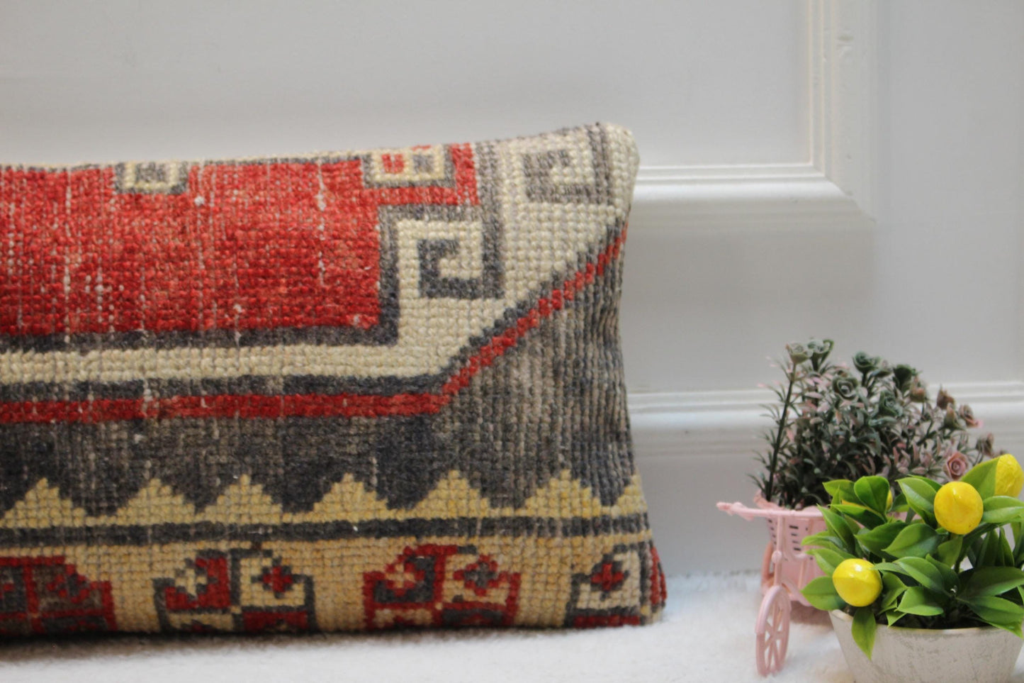 Handmade Lumbar Pillow Cover: Organic Wool Turkish Rug, Boho Design