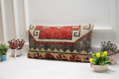 Handmade Lumbar Pillow Cover: Organic Wool Turkish Rug, Boho Design
