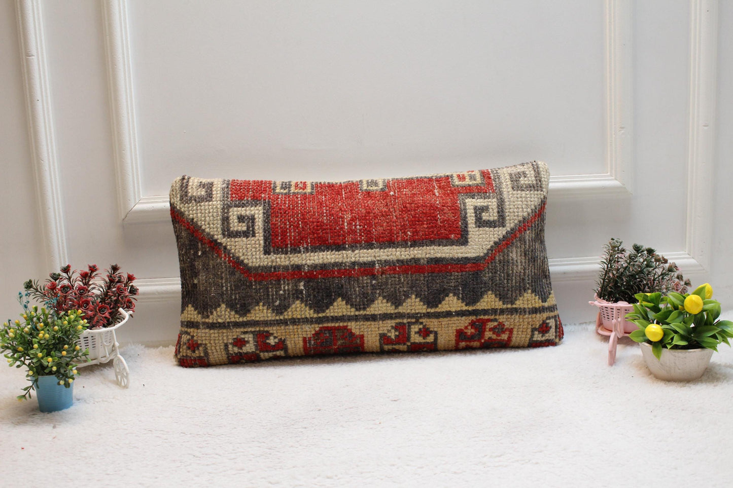 Handmade Lumbar Pillow Cover: Organic Wool Turkish Rug, Boho Design