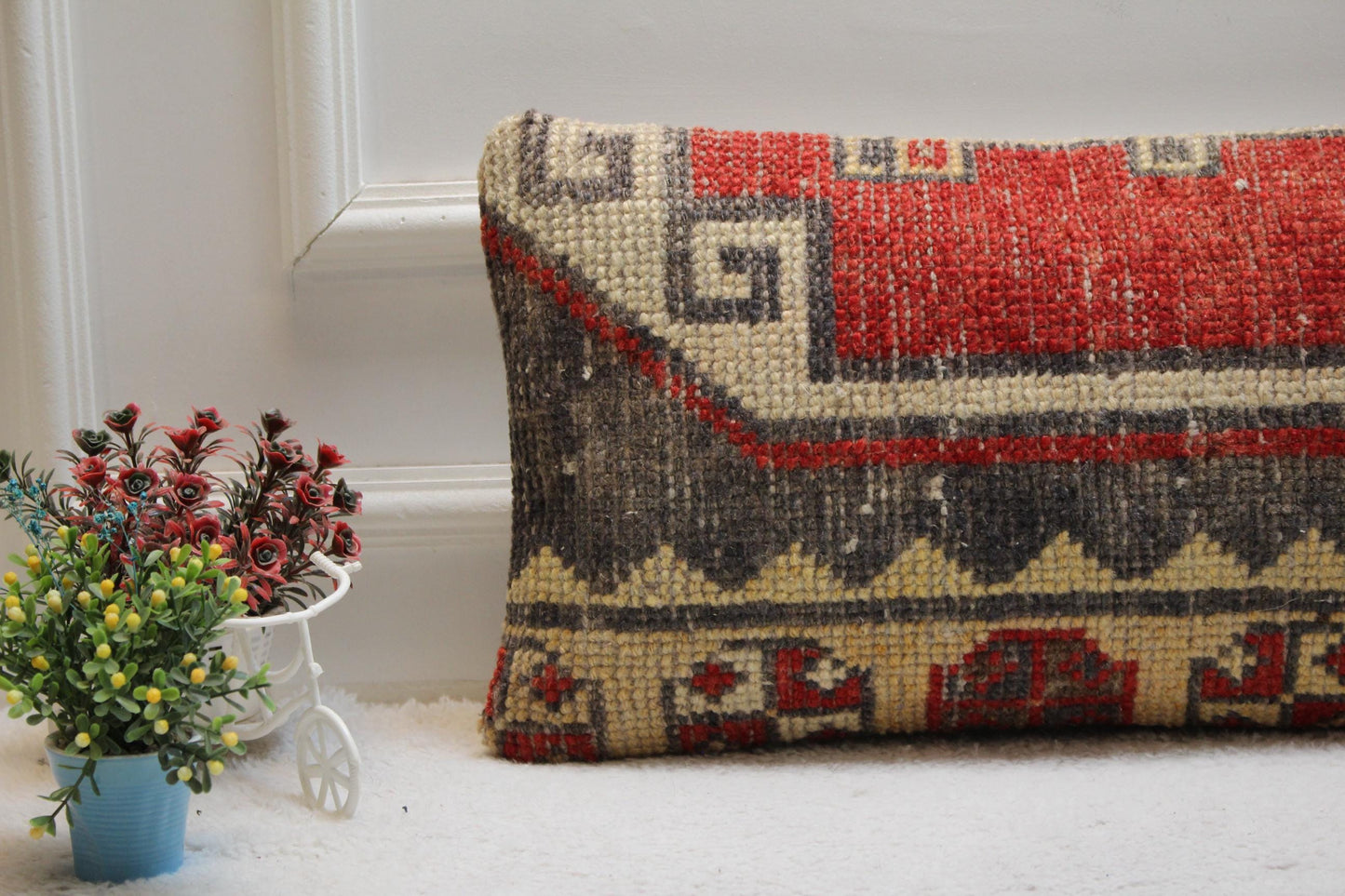 Handmade Lumbar Pillow Cover: Organic Wool Turkish Rug, Boho Design
