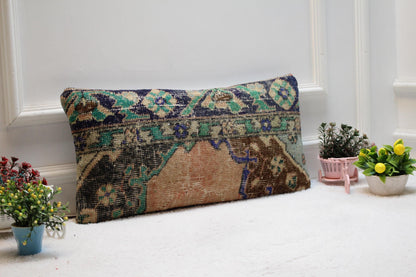Vintage Turkish Rug Pillow Cover: Boho Lumbar Organic Wool Pillow (12X24 inc.)