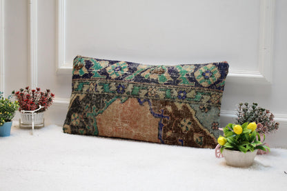 Vintage Turkish Rug Pillow Cover: Boho Lumbar Organic Wool Pillow (12X24 inc.)
