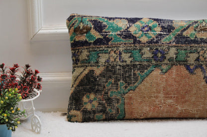 Vintage Turkish Rug Pillow Cover: Boho Lumbar Organic Wool Pillow (12X24 inc.)
