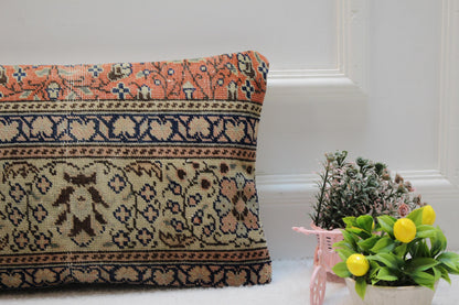 Handmade Floral Kilim Pillow Cover: Upcycled Turkish Rug, 12x24 inc