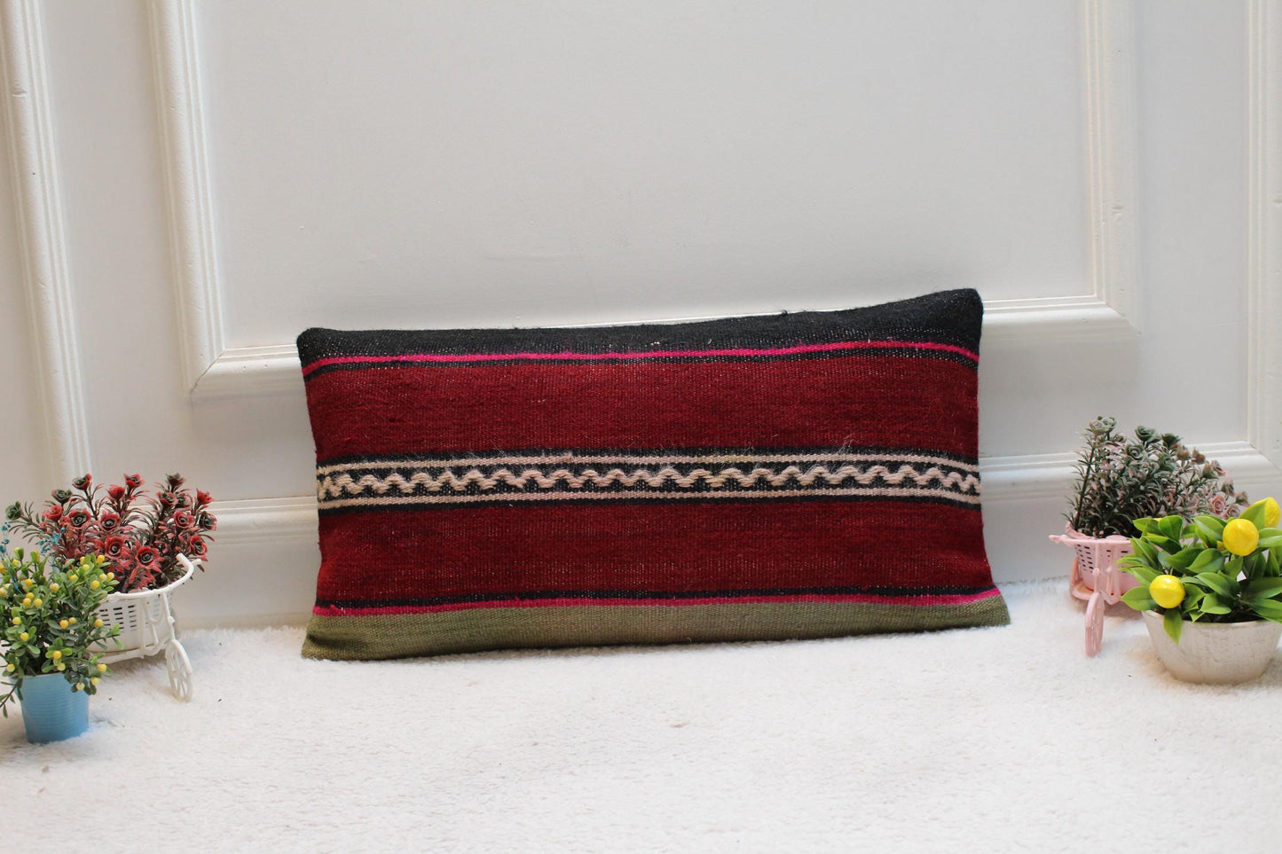 Handmade Red Kilim Lumbar Pillow: Vintage Striped Wool Cushion (12x24")