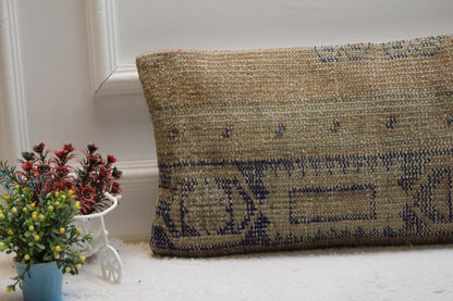 Handmade Kilim Lumbar Pillow Cover: Beige & Blue, 12x24 inc