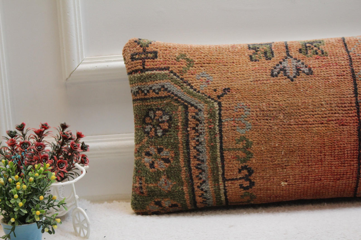 Handmade Kilim Lumbar Pillow Cover: Geometric Boho Wool Pillow (12x24 in)