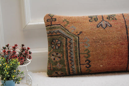 Handmade Kilim Lumbar Pillow Cover: Geometric Boho Wool Pillow (12x24 in)