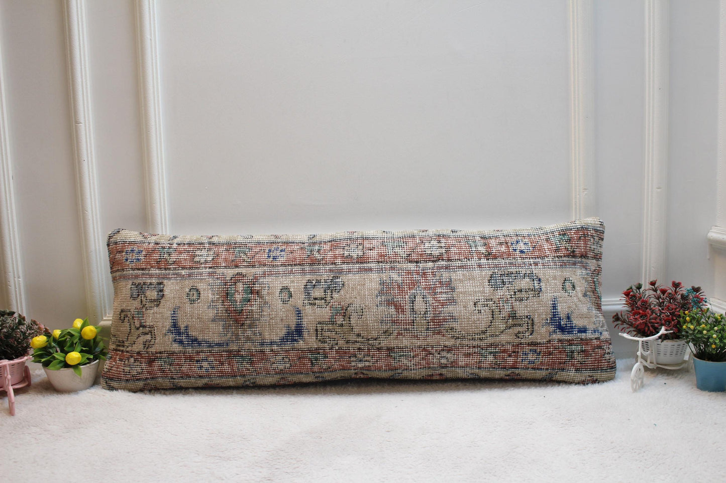 Floral Turkish Rug Lumbar Pillow Cover: Handmade Boho Decor (12x36 in)