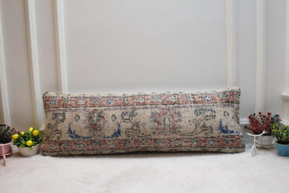 Floral Turkish Rug Lumbar Pillow Cover: Handmade Boho Decor (12x36 in)