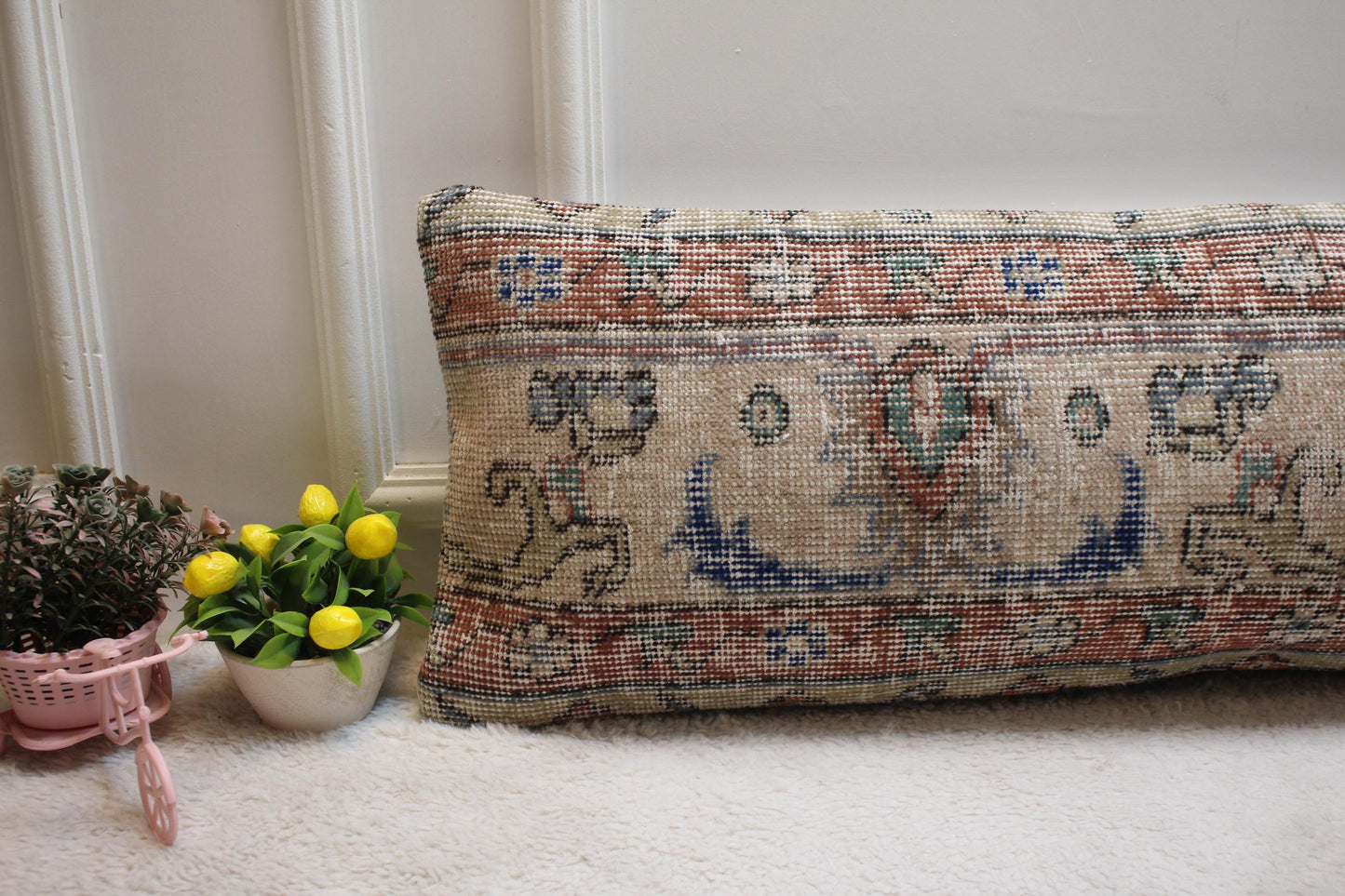 Floral Turkish Rug Lumbar Pillow Cover: Handmade Boho Decor (12x36 in)