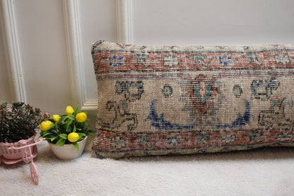 Floral Turkish Rug Lumbar Pillow Cover: Handmade Boho Decor (12x36 in)