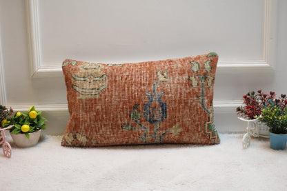 Handmade Red Wool Rug Pillow Cover: Upcycled Turkish Kilim (12x20 in)