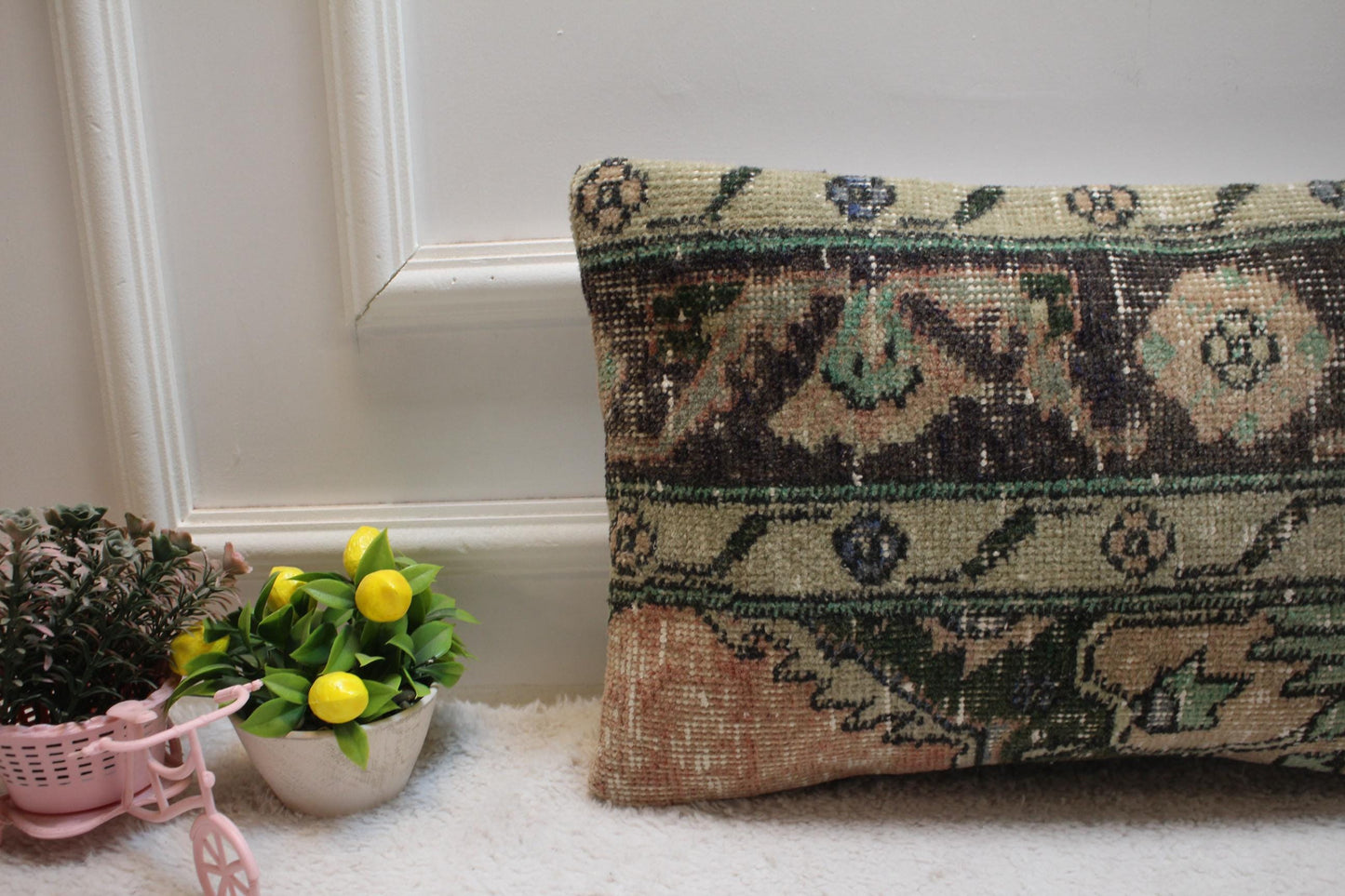 Floral Turkish Rug Lumbar Pillow Cover: Handmade Anatolian Pillow (12x20 in)