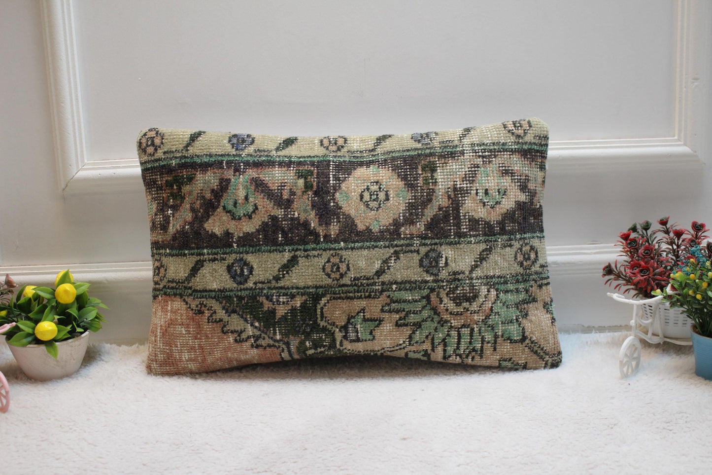 Floral Turkish Rug Lumbar Pillow Cover: Handmade Anatolian Pillow (12x20 in)