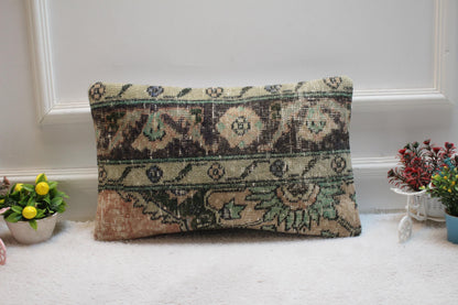 Floral Turkish Rug Lumbar Pillow Cover: Handmade Anatolian Pillow (12x20 in)