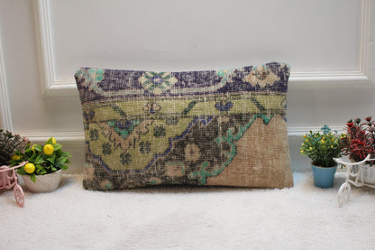 Blue Wool Lumbar Pillow Cover: Vintage Anatolian Kilim, 12x20 inc
