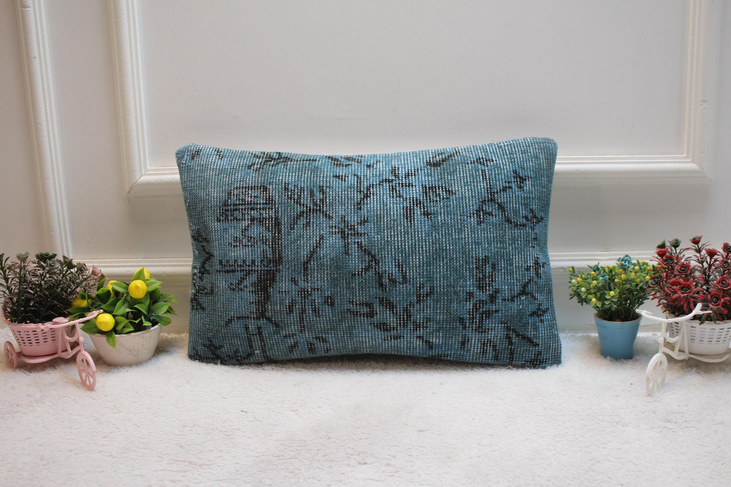Blue Anatolian Rug Pillow Cover: Handmade Turkish Kilim, 12x20 inc
