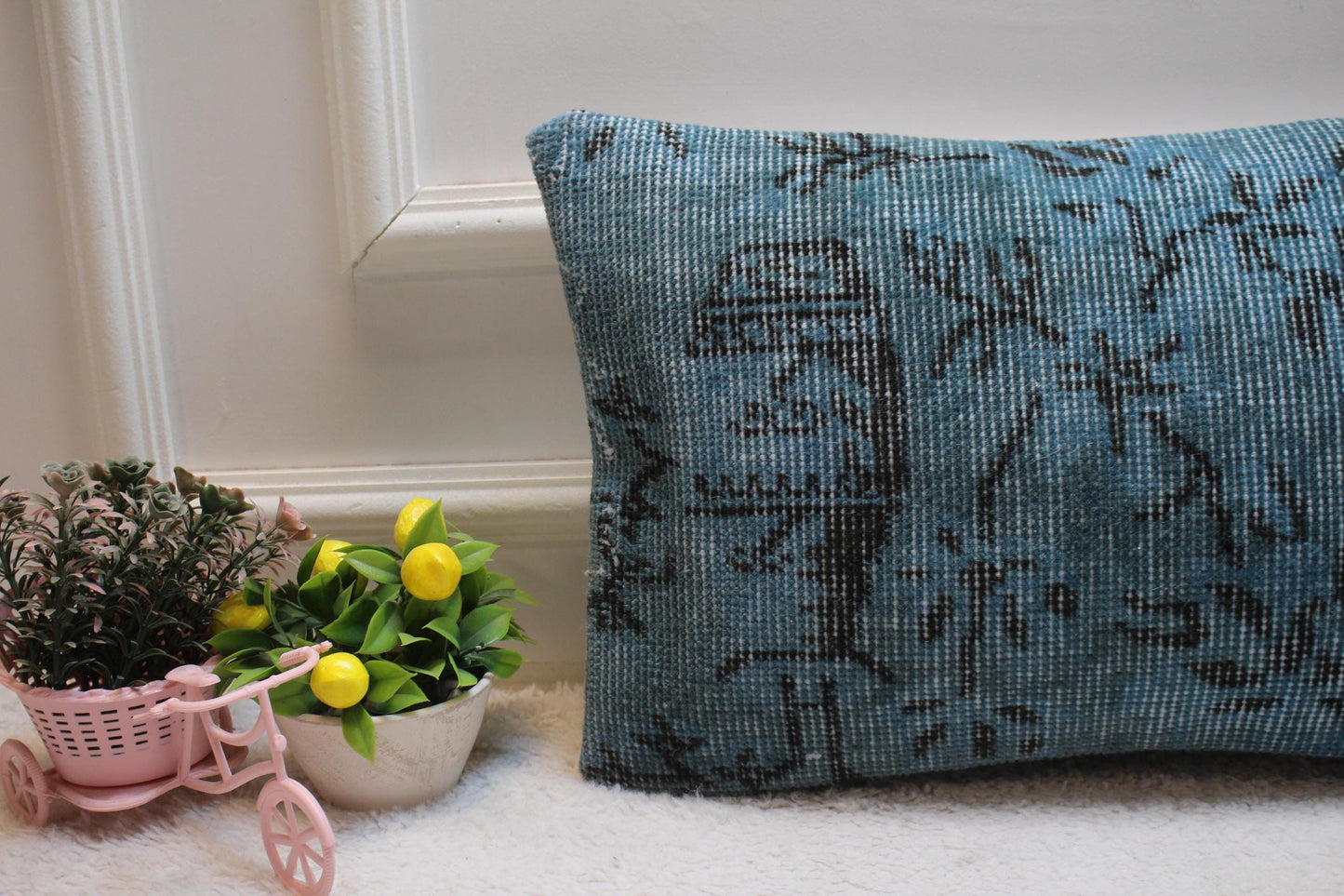 Blue Anatolian Rug Pillow Cover: Handmade Turkish Kilim, 12x20 inc