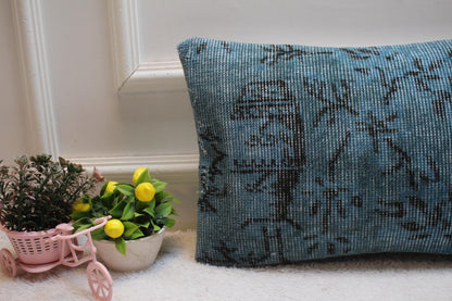 Blue Anatolian Rug Pillow Cover: Handmade Turkish Kilim, 12x20 inc