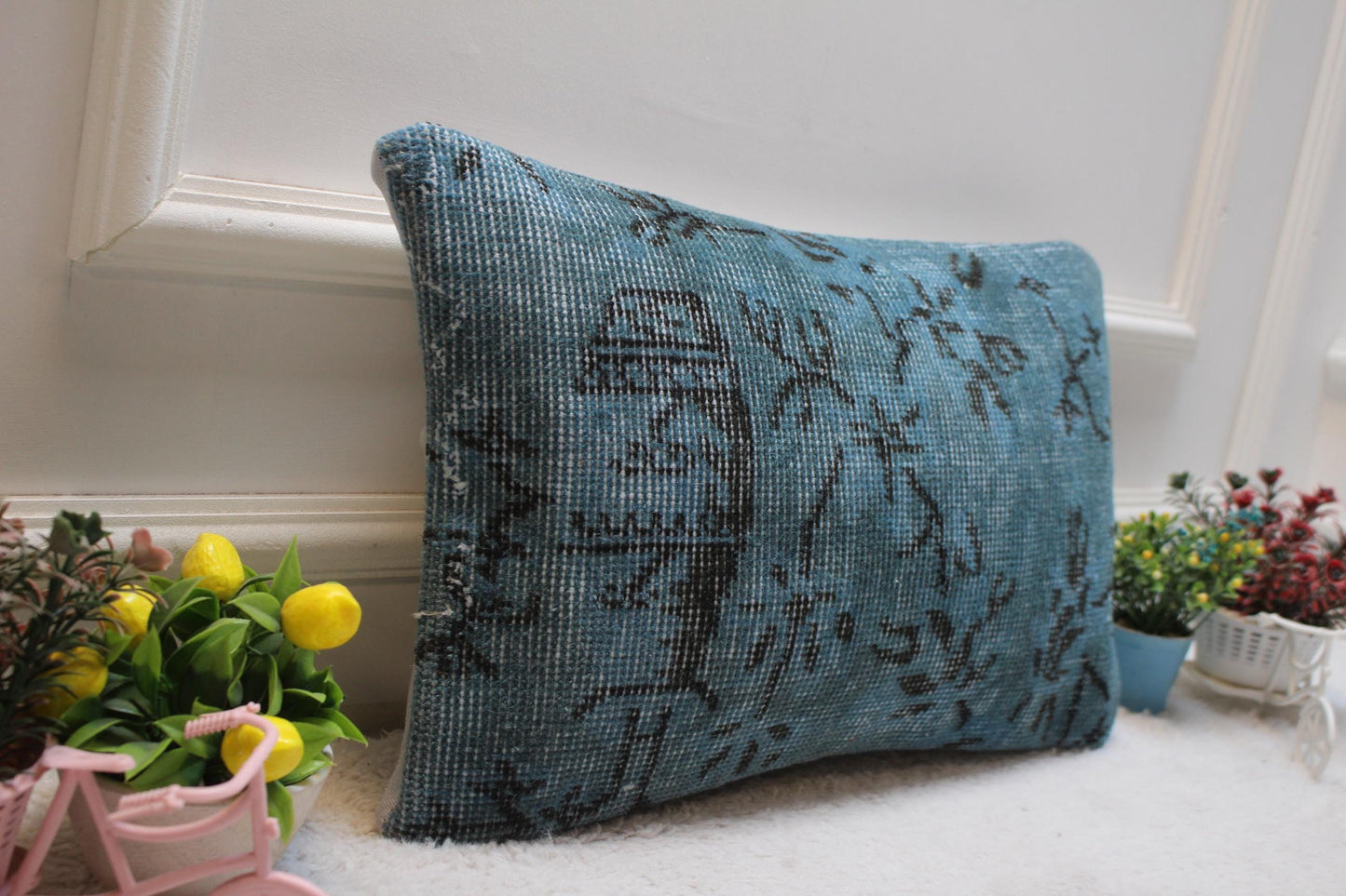Blue Anatolian Rug Pillow Cover: Handmade Turkish Kilim, 12x20 inc