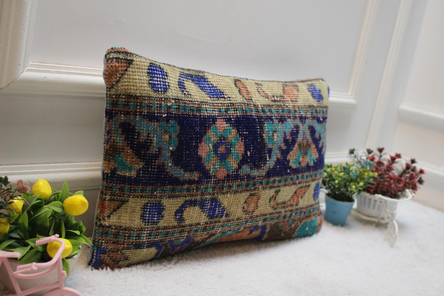 Floral Anatolian Rug Pillow Cover: Blue Bedroom Decor (12x20 in)