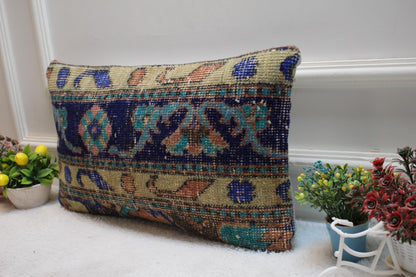 Floral Anatolian Rug Pillow Cover: Blue Bedroom Decor (12x20 in)