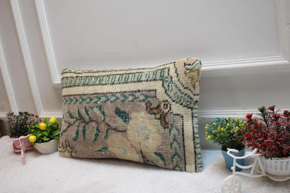 Floral Wool Lumbar Pillow Cover: Upcycled Turkish Rug, 12x20 inch